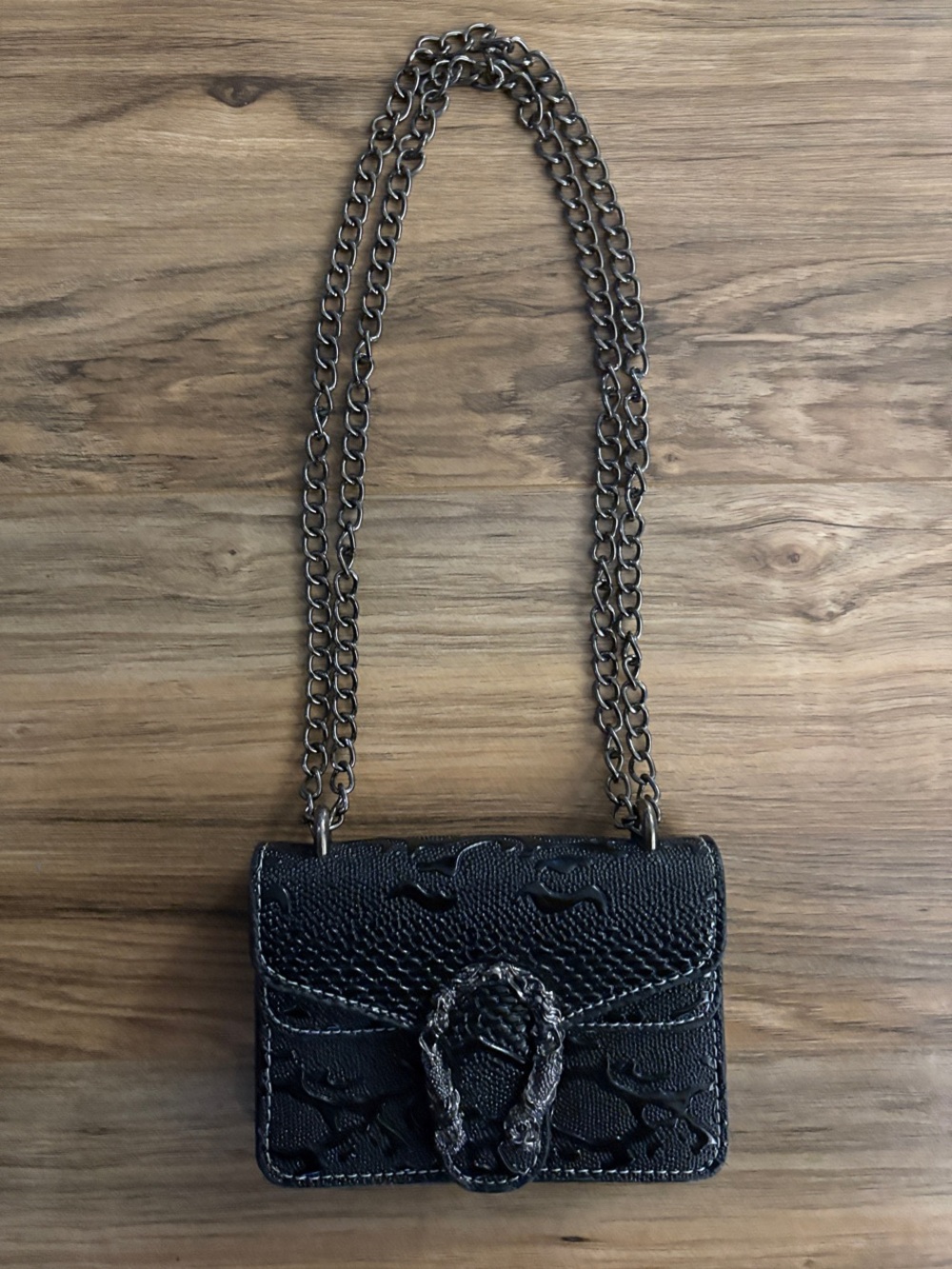 Mini Black Embossed Chain Shoulder Bag